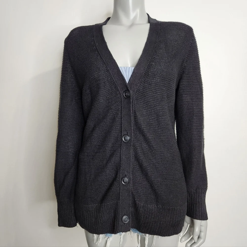 Banana Republic Black 100% Linen Open Knit V Neck Button Cardigan Size L - Picture 2 of 10